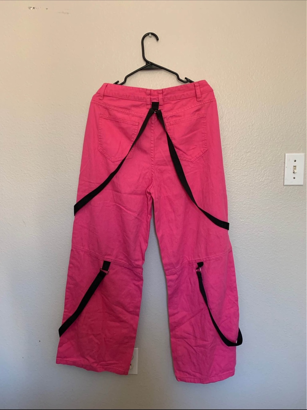 Bright Pink Cargo Pants with Black Strap Details - Picture 2 of 3